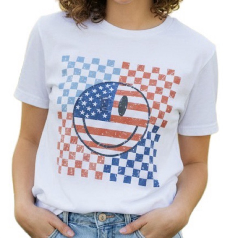 American Flag Smiley Face‎ Checkerboard Distressed Graphic T-Shirt Tee M NIB